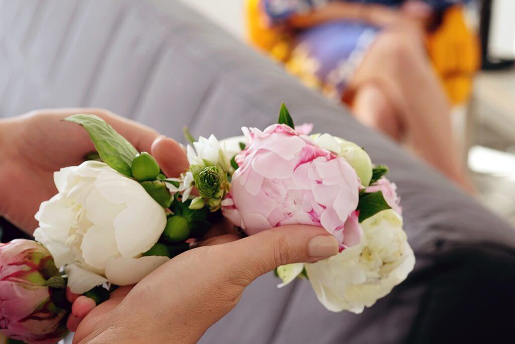 Destination wedding in island paros flower crown